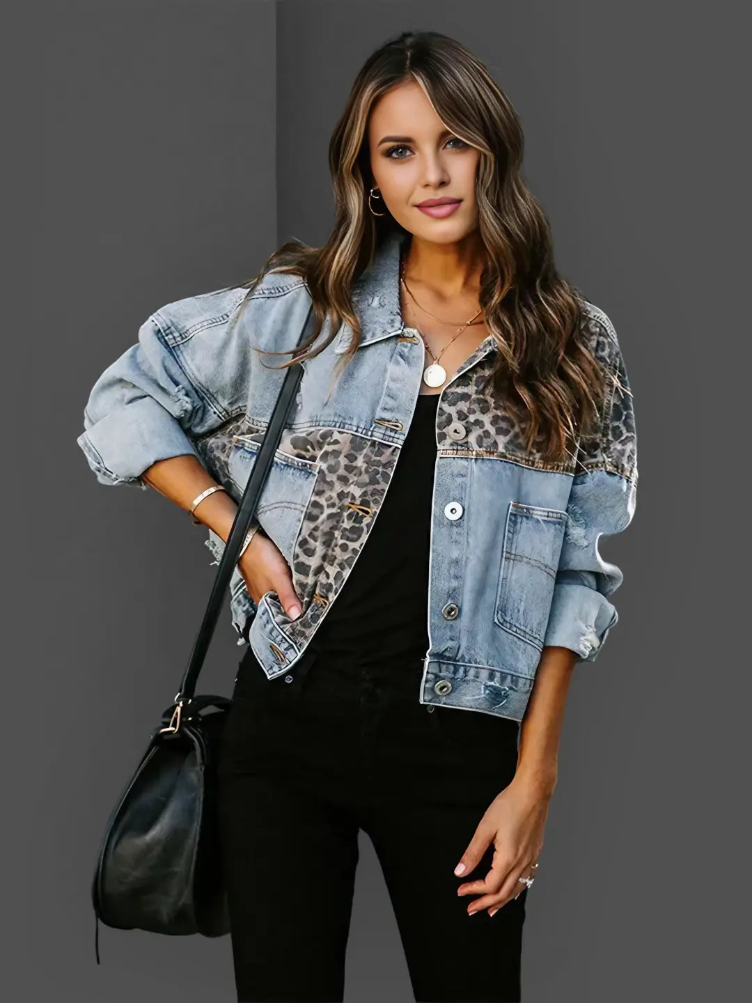 Veste en Denim à Imprimé Léopard