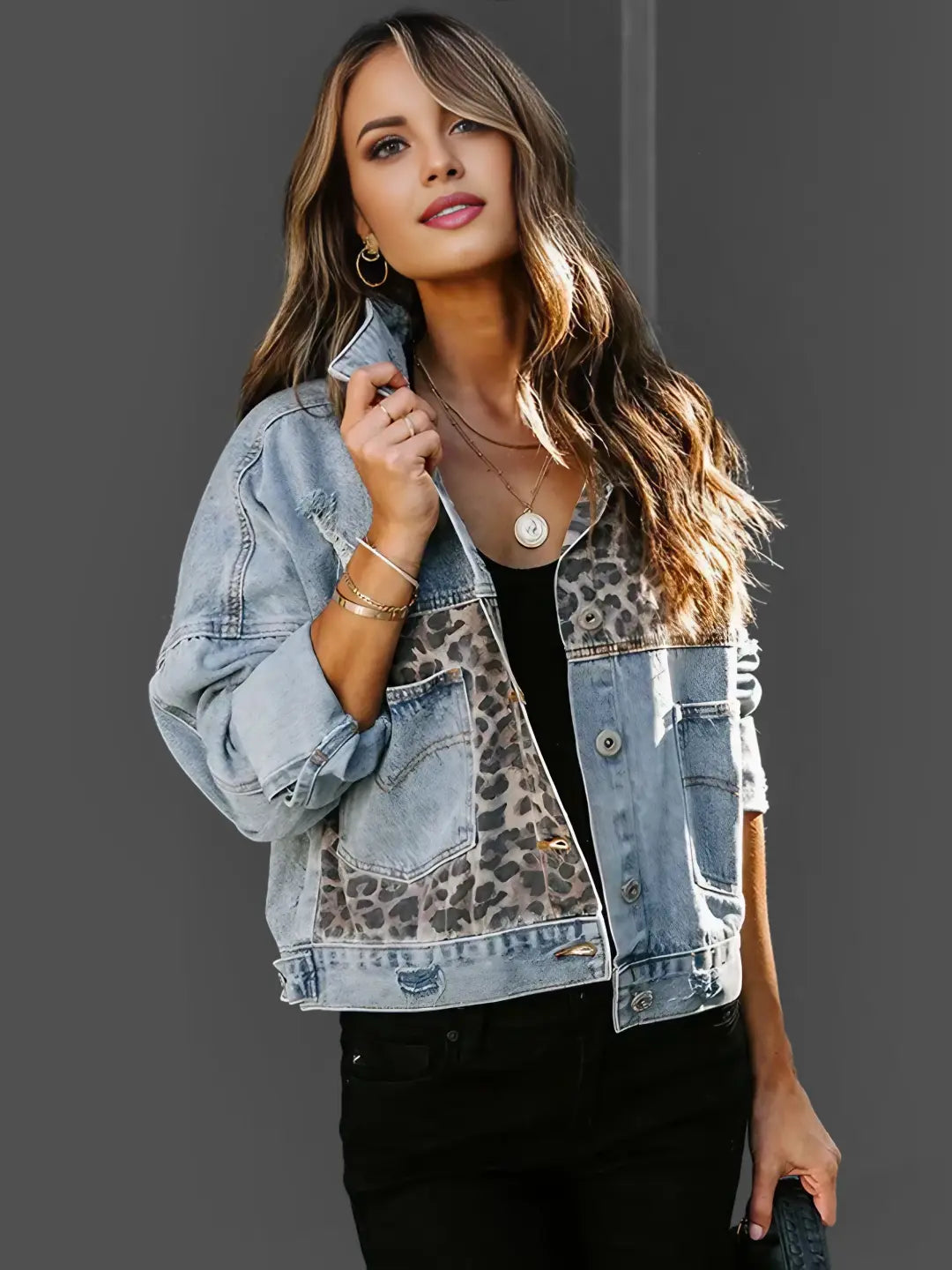 Veste en Denim à Imprimé Léopard