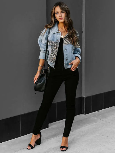 Veste en Denim à Imprimé Léopard