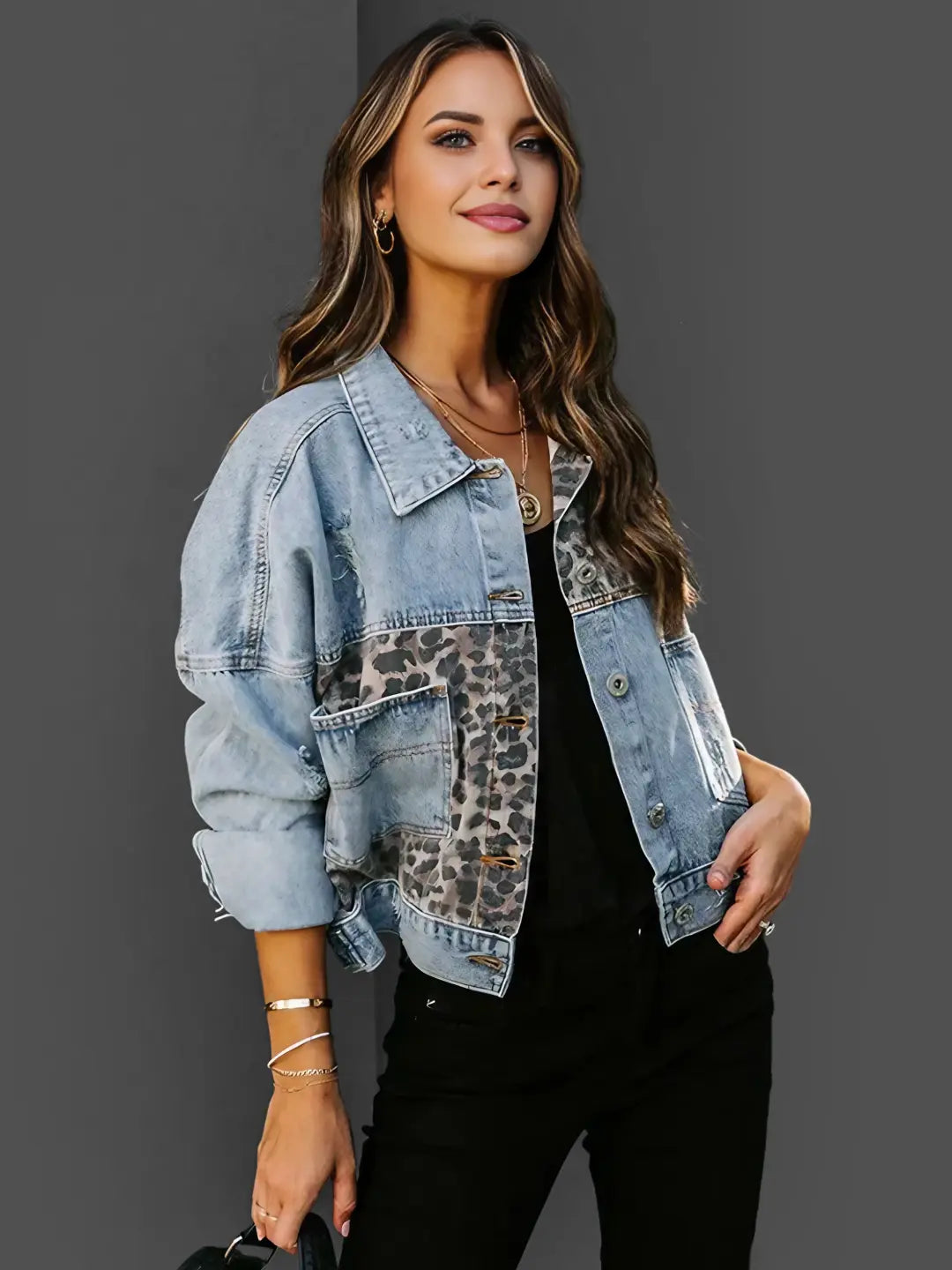 Veste en Denim à Imprimé Léopard