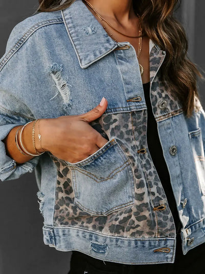 Veste en Denim à Imprimé Léopard
