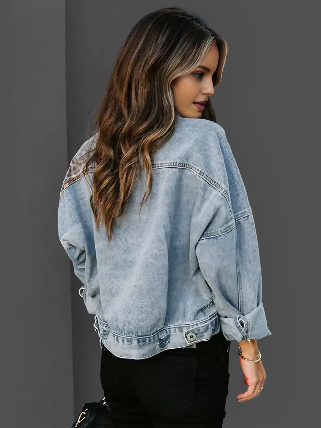 Veste en Denim à Imprimé Léopard