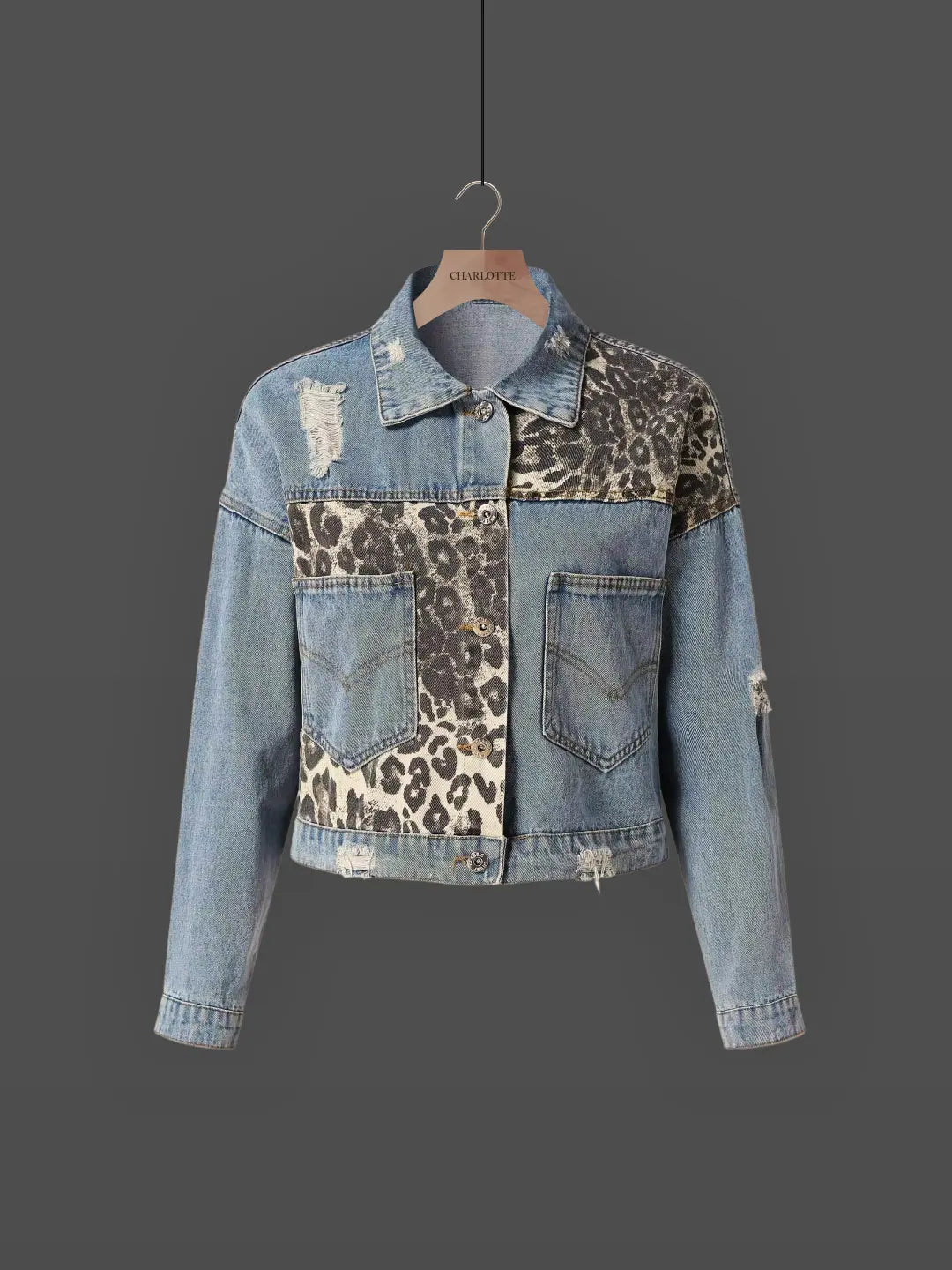 Veste en Denim à Imprimé Léopard