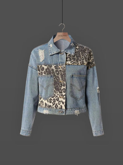 Veste en Denim à Imprimé Léopard